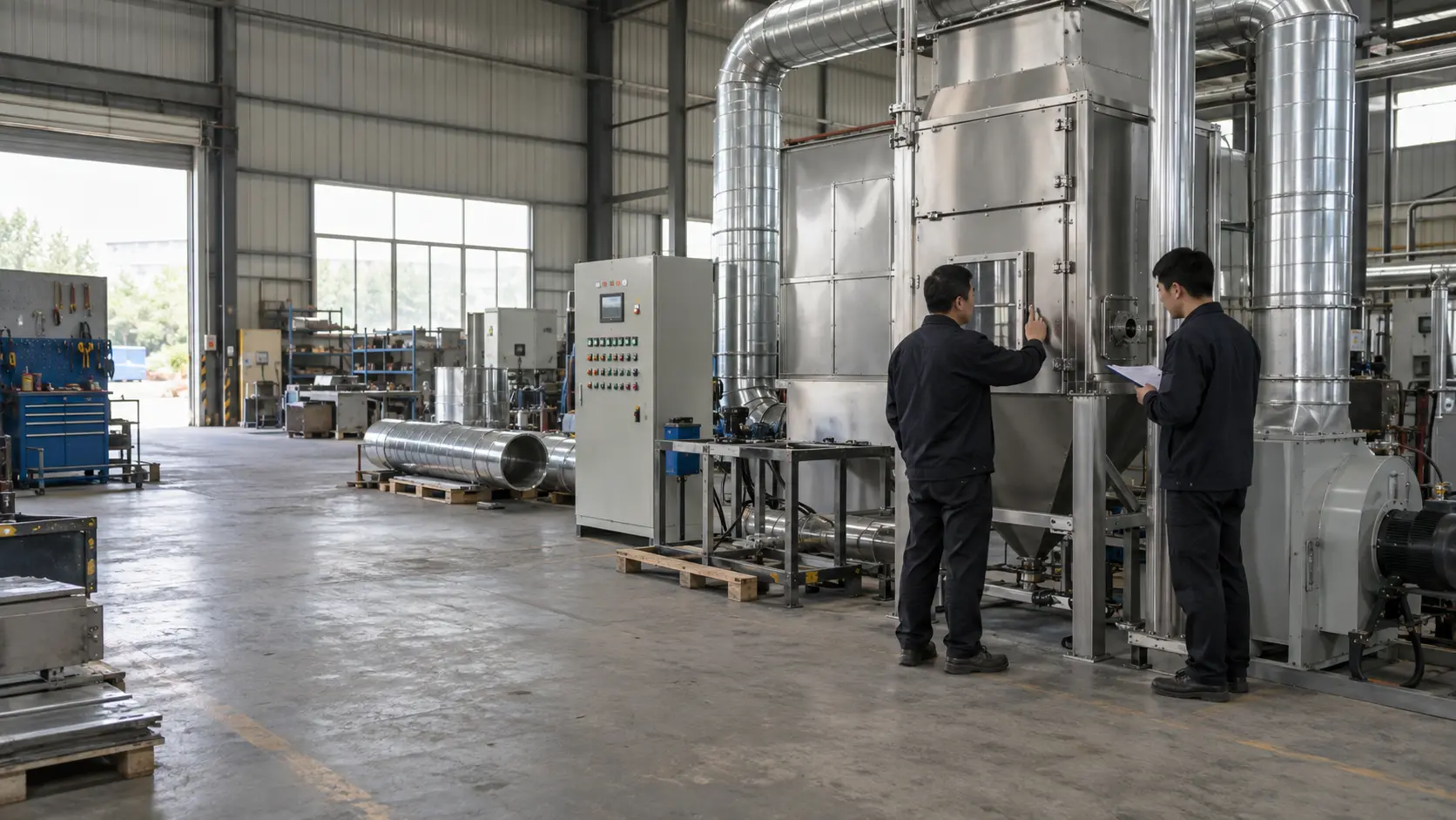 环保设备车间内技术人员检查设备
